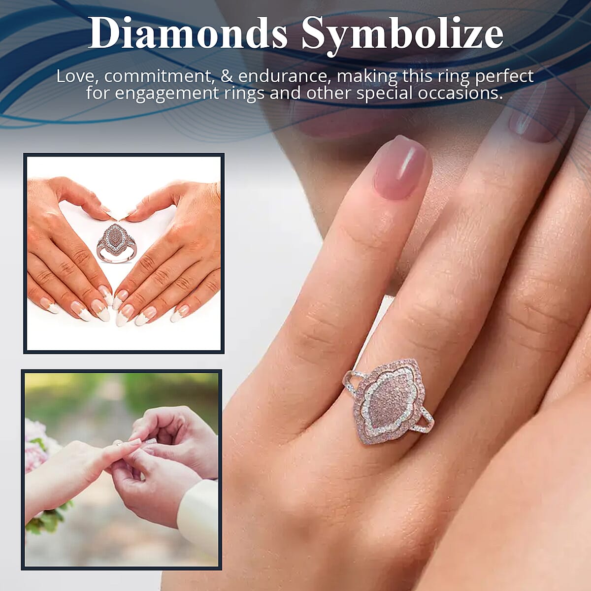 Natural Pink and White Diamond Elongated Ring in Vermeil Rose Gold Over Sterling Silver, Promise Rings (Size 7.0) 0.50 ctw image number 2