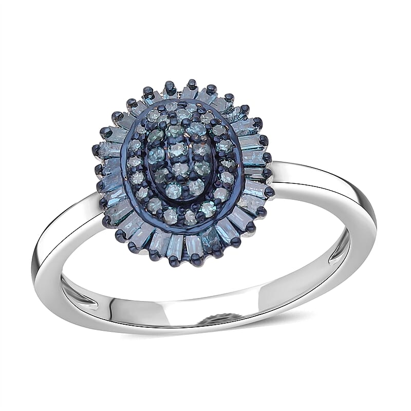 Blue Diamond Floral Ring in Platinum Over Sterling Silver (Size 10.0) 0.50 ctw