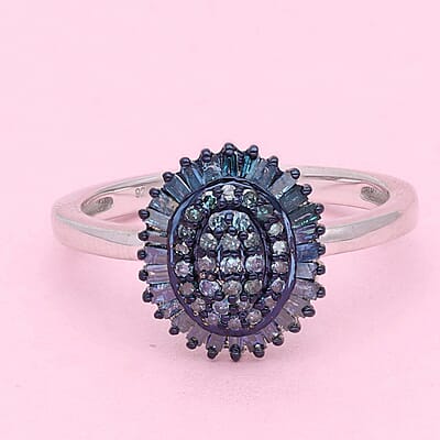 Blue Diamond Floral Ring in Platinum Over Sterling Silver (Size 10.0) 0.50 ctw