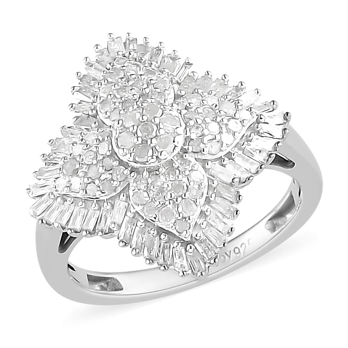 Diamond Cluster Ring in Platinum Over Sterling Silver 1.00 ctw image number 0