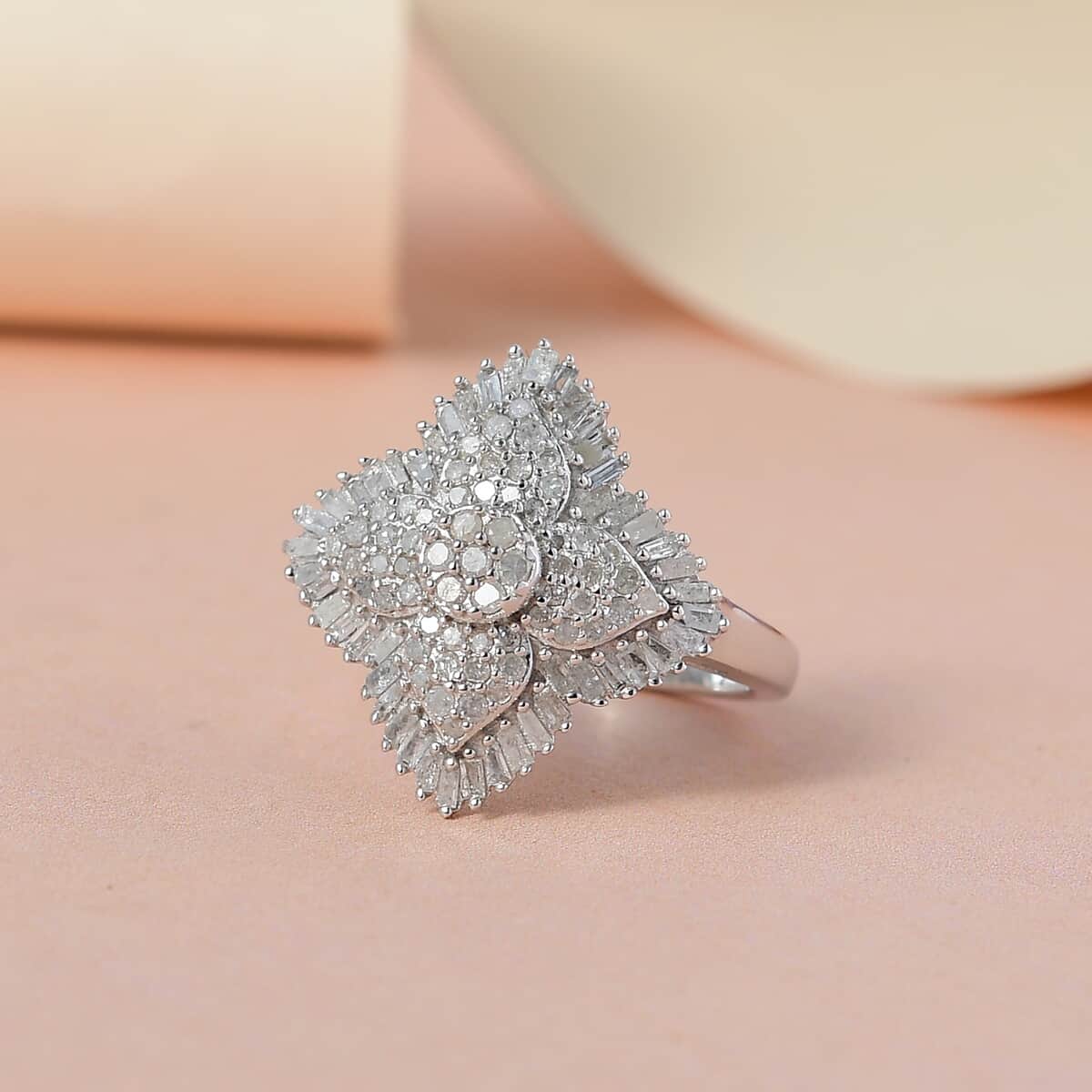 Diamond Cluster Ring in Platinum Over Sterling Silver 1.00 ctw image number 1