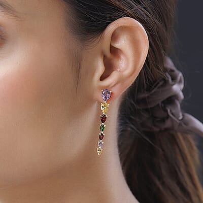 Rose De France Amethyst and Multi Gemstone Dangle Earrings in Vermeil Yellow Gold Over Sterling Silver 5.60 ctw