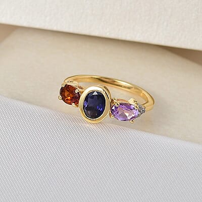 Catalina Iolite and Multi Gemstone Ring in Vermeil Yellow Gold Over Sterling Silver (Size 7.0) 1.50 ctw