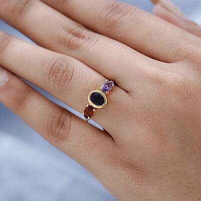 Catalina Iolite and Multi Gemstone Ring in Vermeil Yellow Gold Over Sterling Silver (Size 7.0) 1.50 ctw