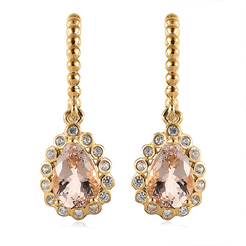 Pink Morganite and White Zircon Floral Pear Shaped Earrings in Vermeil YG Over Sterling Silver 3.75 ctw