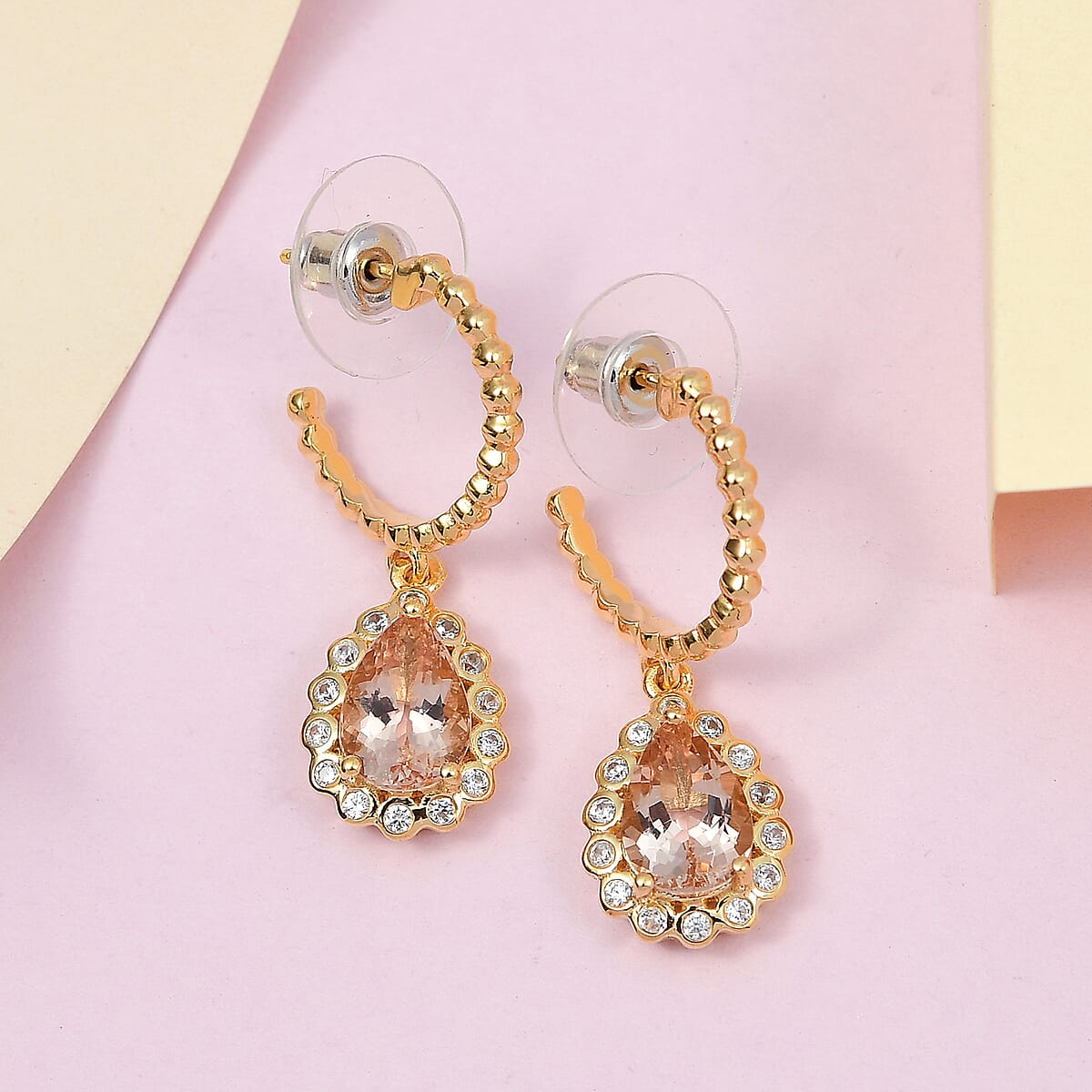 Pink Morganite and White Zircon Floral Pear Shaped Earrings in Vermeil YG Over Sterling Silver 3.75 ctw image number 1