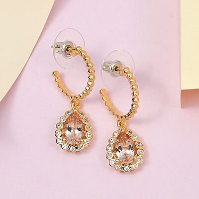 Pink Morganite and White Zircon Floral Pear Shaped Earrings in Vermeil YG Over Sterling Silver 3.75 ctw