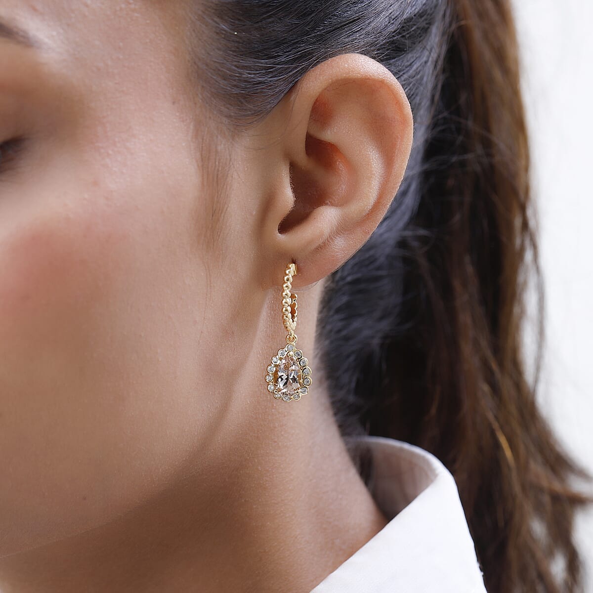 Pink Morganite and White Zircon Floral Pear Shaped Earrings in Vermeil YG Over Sterling Silver 3.75 ctw image number 2