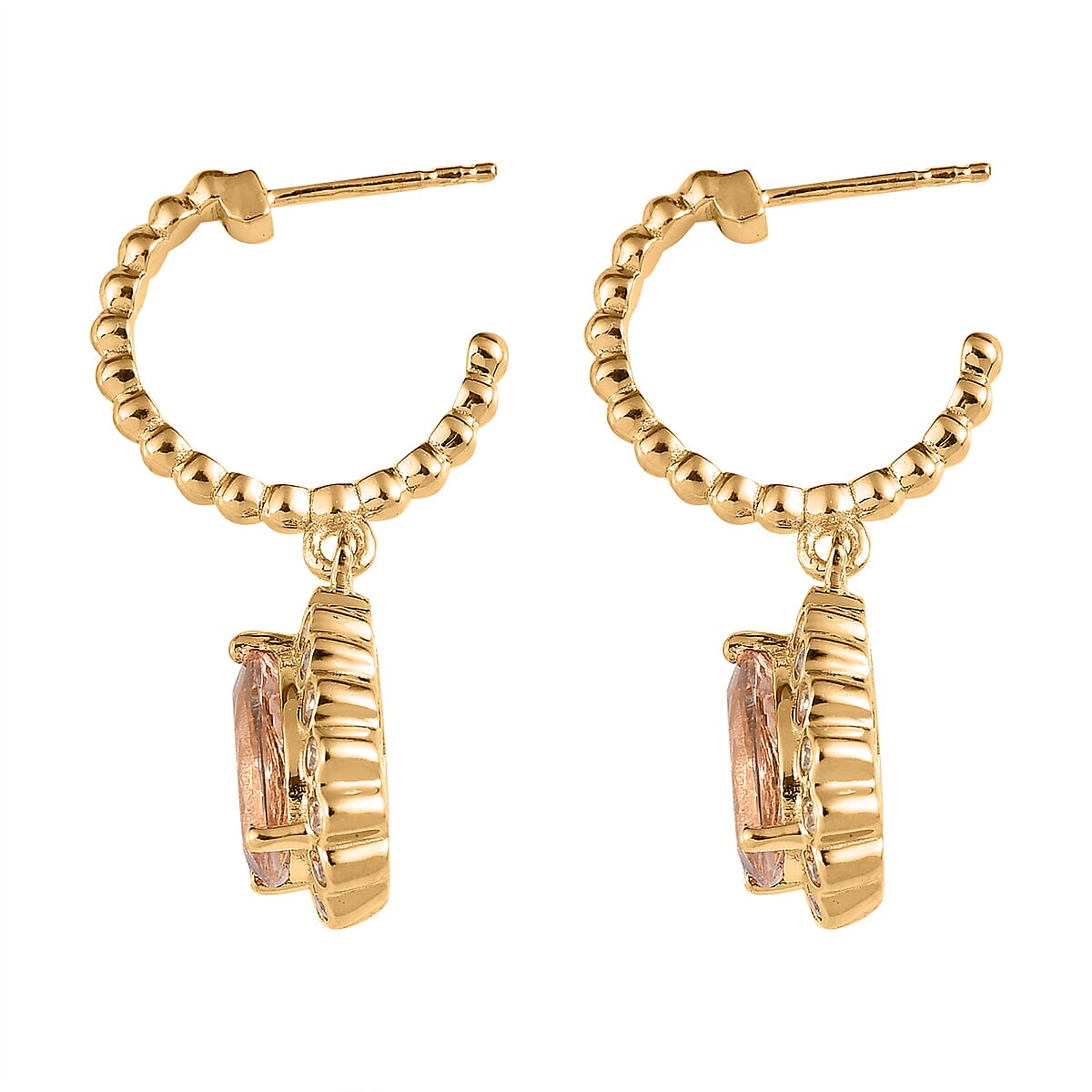 Pink Morganite and White Zircon Floral Pear Shaped Earrings in Vermeil YG Over Sterling Silver 3.75 ctw image number 3