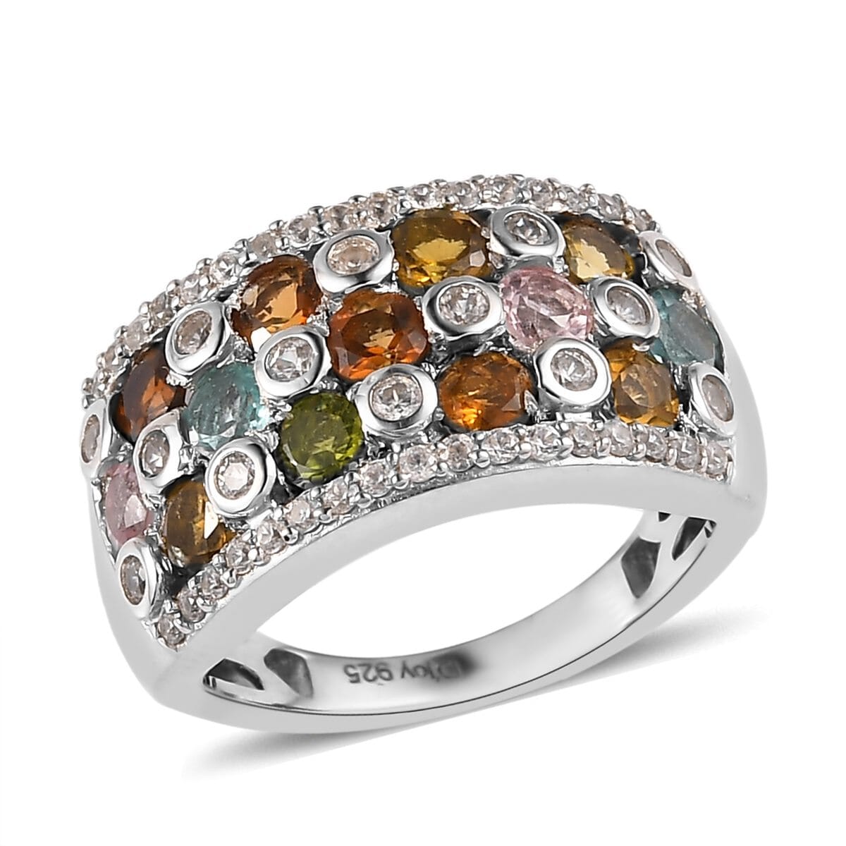 Multi-Tourmaline, Natural White Zircon Ring in Platinum Over Sterling Silver (Size 10.0) 2.10 ctw image number 0