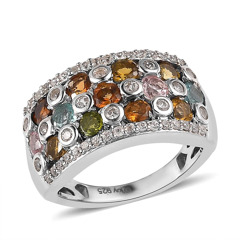 Multi-Tourmaline and Natural White Zircon Ring in Platinum Over Sterling Silver (Size 10.0) 2.10 ctw