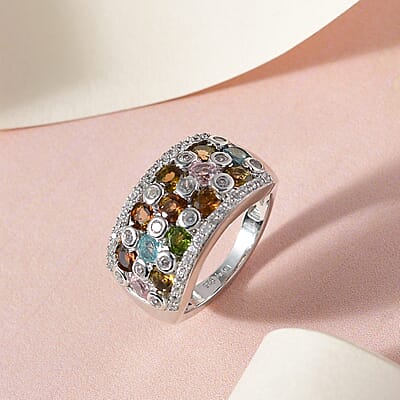 Multi-Tourmaline and Natural White Zircon Ring in Platinum Over Sterling Silver (Size 10.0) 2.10 ctw
