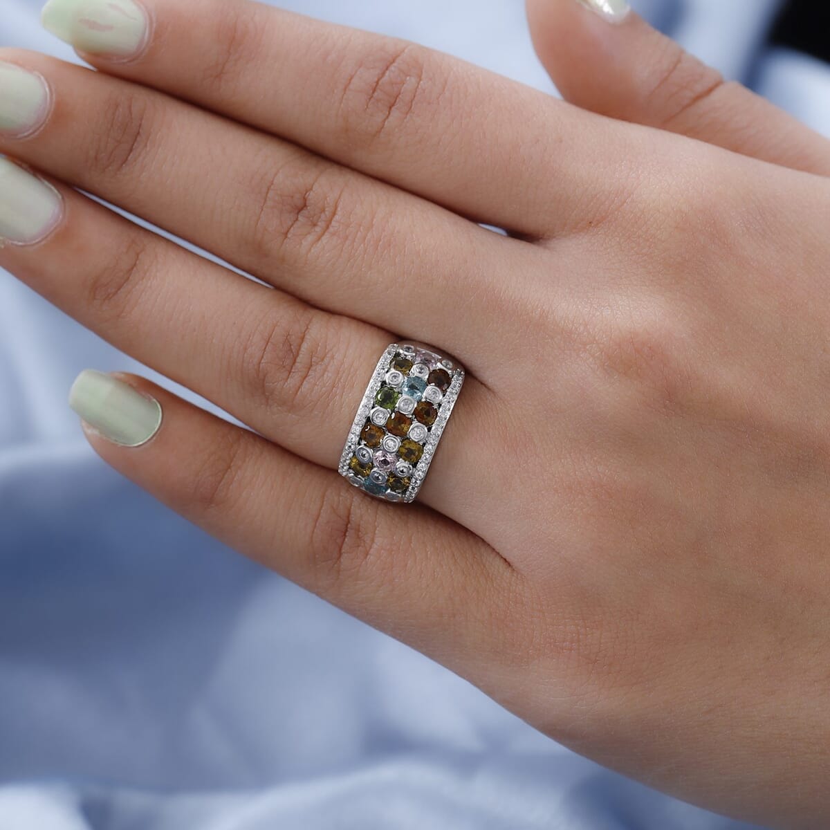 Multi-Tourmaline, Natural White Zircon Ring in Platinum Over Sterling Silver (Size 10.0) 2.10 ctw image number 2