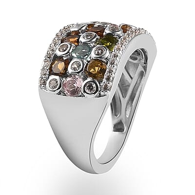Multi-Tourmaline and Natural White Zircon Ring in Platinum Over Sterling Silver (Size 10.0) 2.10 ctw