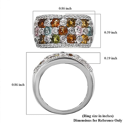Multi-Tourmaline and Natural White Zircon Ring in Platinum Over Sterling Silver (Size 10.0) 2.10 ctw