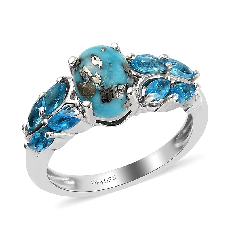Empyrean Blue Turquoise and Malgache Neon Apatite Ring in Platinum Over Sterling Silver (Size 6.0) 2.00 ctw