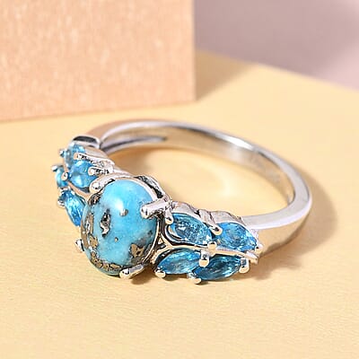 Empyrean Blue Turquoise and Malgache Neon Apatite Ring in Platinum Over Sterling Silver (Size 6.0) 2.00 ctw
