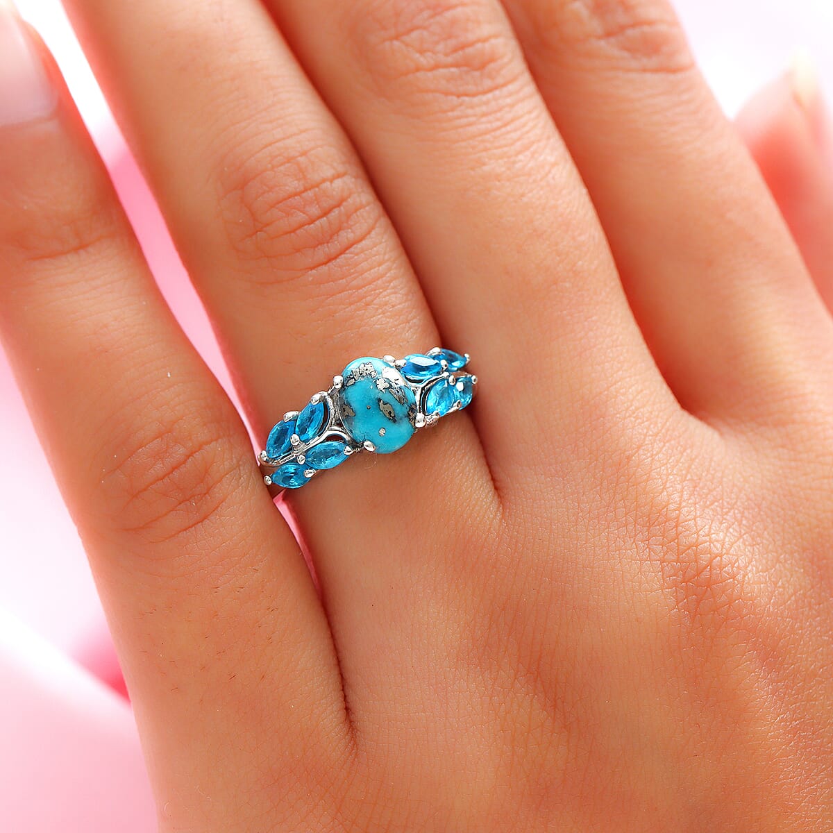 MEMORIAL DAY SPECIAL DEAL Empyrean Blue Turquoise and Malgache Neon Apatite Floral Ring in Platinum Over Sterling Silver 2.00 ctw image number 2