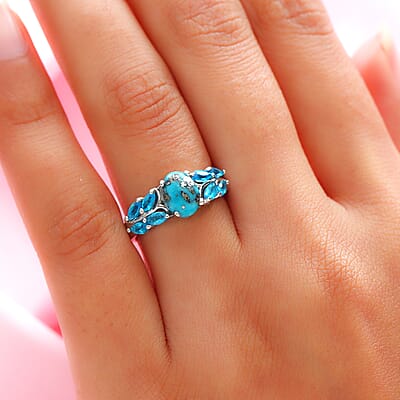 Empyrean Blue Turquoise and Malgache Neon Apatite Ring in Platinum Over Sterling Silver (Size 6.0) 2.00 ctw