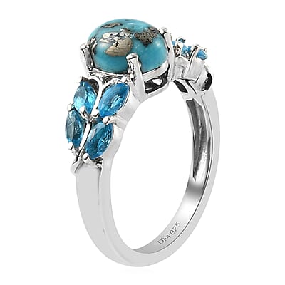 Empyrean Blue Turquoise and Malgache Neon Apatite Ring in Platinum Over Sterling Silver (Size 6.0) 2.00 ctw