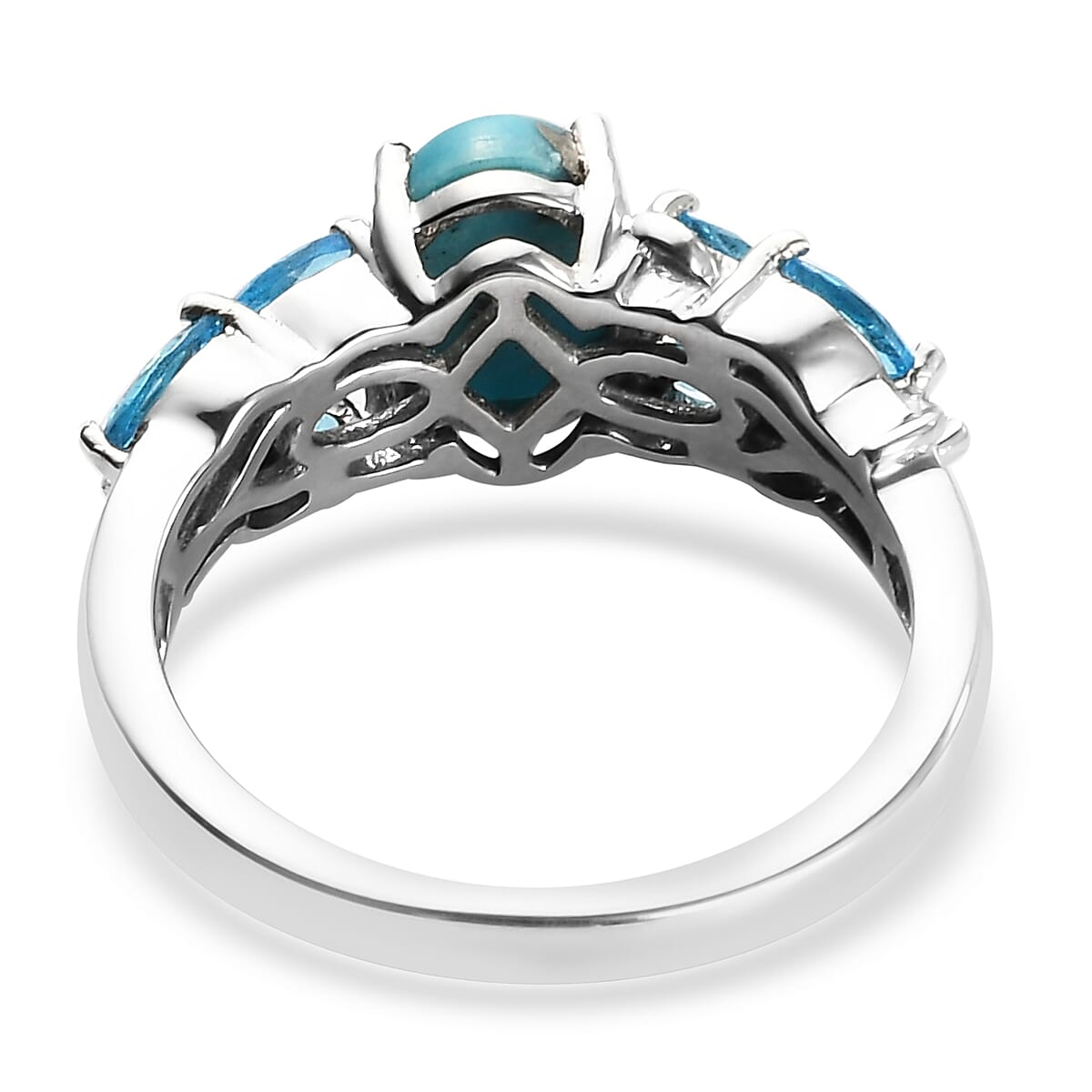 MEMORIAL DAY SPECIAL DEAL Empyrean Blue Turquoise and Malgache Neon Apatite Floral Ring in Platinum Over Sterling Silver 2.00 ctw image number 4