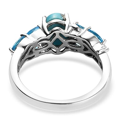Empyrean Blue Turquoise and Malgache Neon Apatite Ring in Platinum Over Sterling Silver (Size 6.0) 2.00 ctw