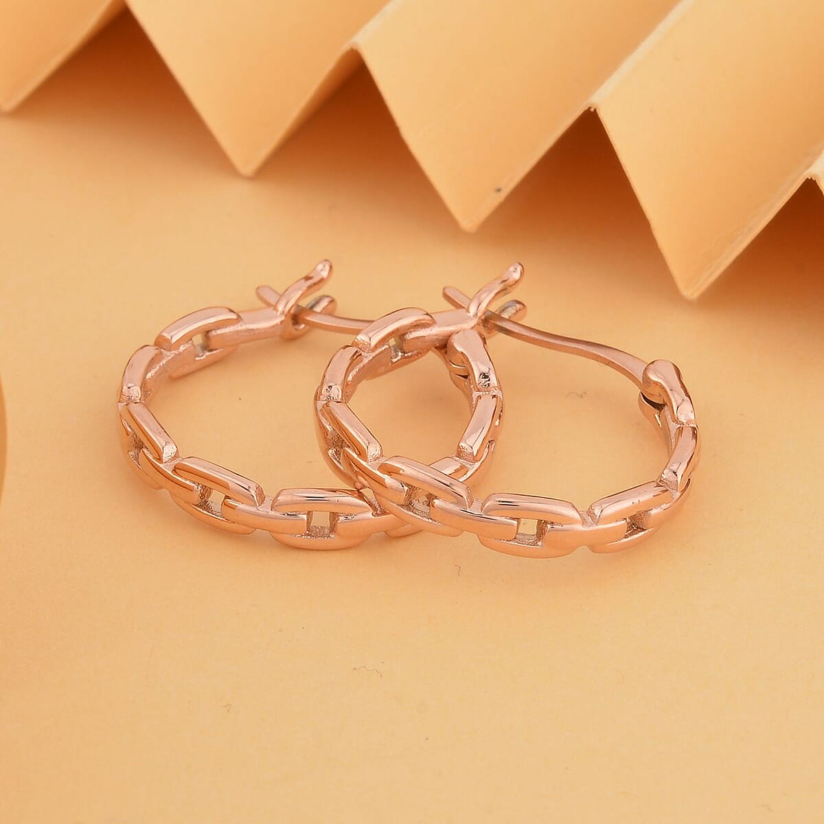 Paper Clip Chain Hoop Earrings in ION Plated Rose Gold Stainless Steel image number 1