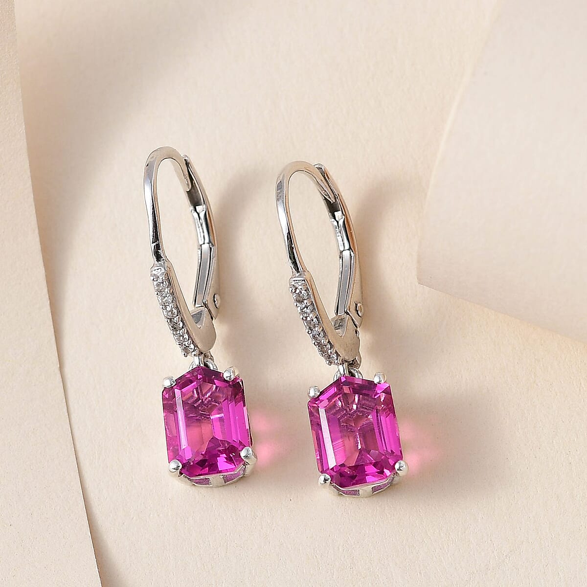 Radiant Orchid Quartz (Triplet) and White Zircon Lever Back Earrings in Platinum Over Sterling Silver 3.15 ctw image number 1