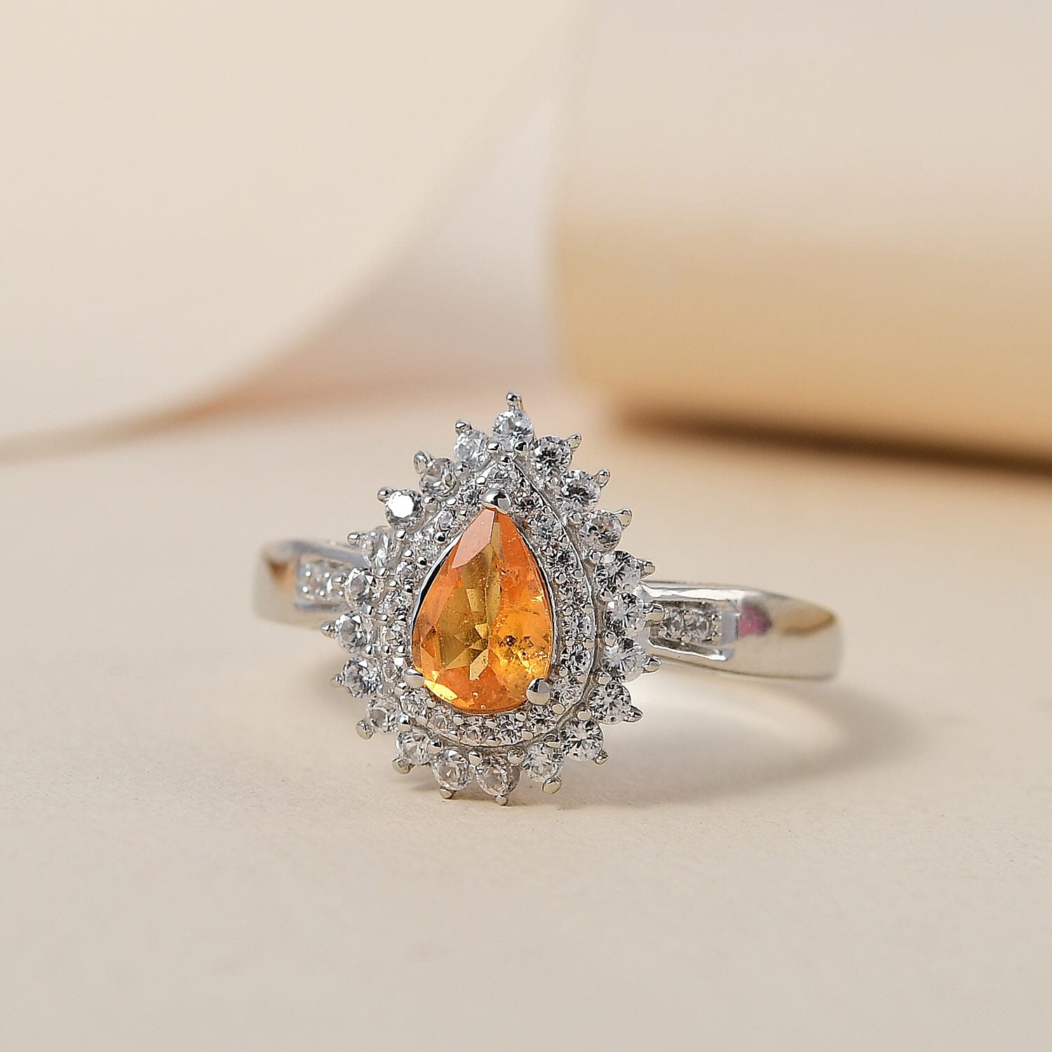 Viceroy Spessartine Garnet and White Zircon Double Halo Ring in Platinum Over Sterling Silver (Size 10.0) 1.35 ctw