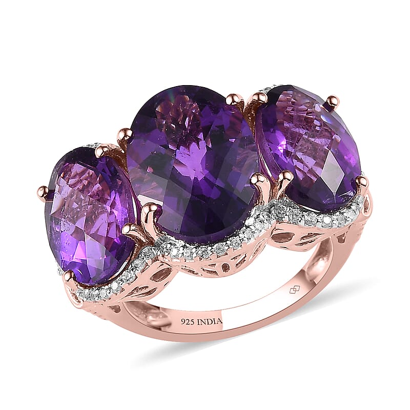 Checkerboard Cut Premium African Amethyst and White Zircon 12.15 ctw Ring in 18K Vermeil Rose Gold Over Sterling Silver (Size 7.0)