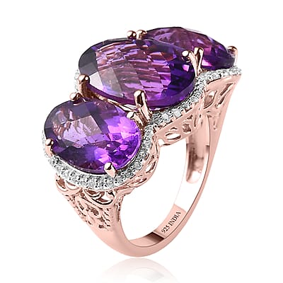 Checkerboard Cut Premium African Amethyst and White Zircon 12.15 ctw Ring in 18K Vermeil Rose Gold Over Sterling Silver (Size 7.0)