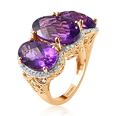 Premium African Amethyst and White Zircon 12.15 ctw Ring in 18K Vermeil Yellow Gold Over Sterling Silver (Size 7.0)