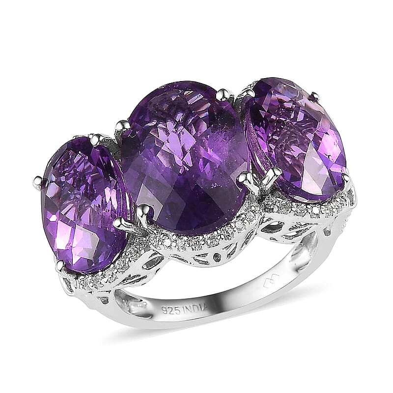 Checkerboard Cut Premium African Amethyst and White Zircon 12.15 ctw Ring in Rhodium Over Sterling Silver (Size 5.0)