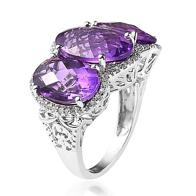Checkerboard Cut Premium African Amethyst and White Zircon 12.15 ctw Ring in Rhodium Over Sterling Silver (Size 5.0)