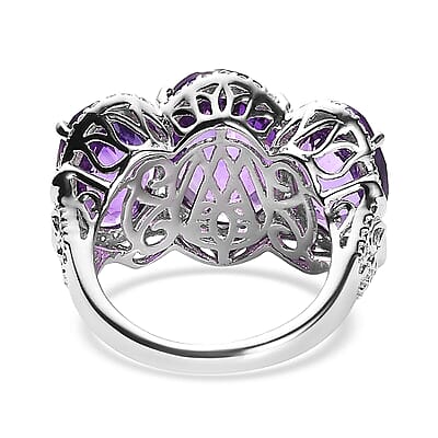 Checkerboard Cut Premium African Amethyst and White Zircon 12.15 ctw Ring in Rhodium Over Sterling Silver (Size 5.0)