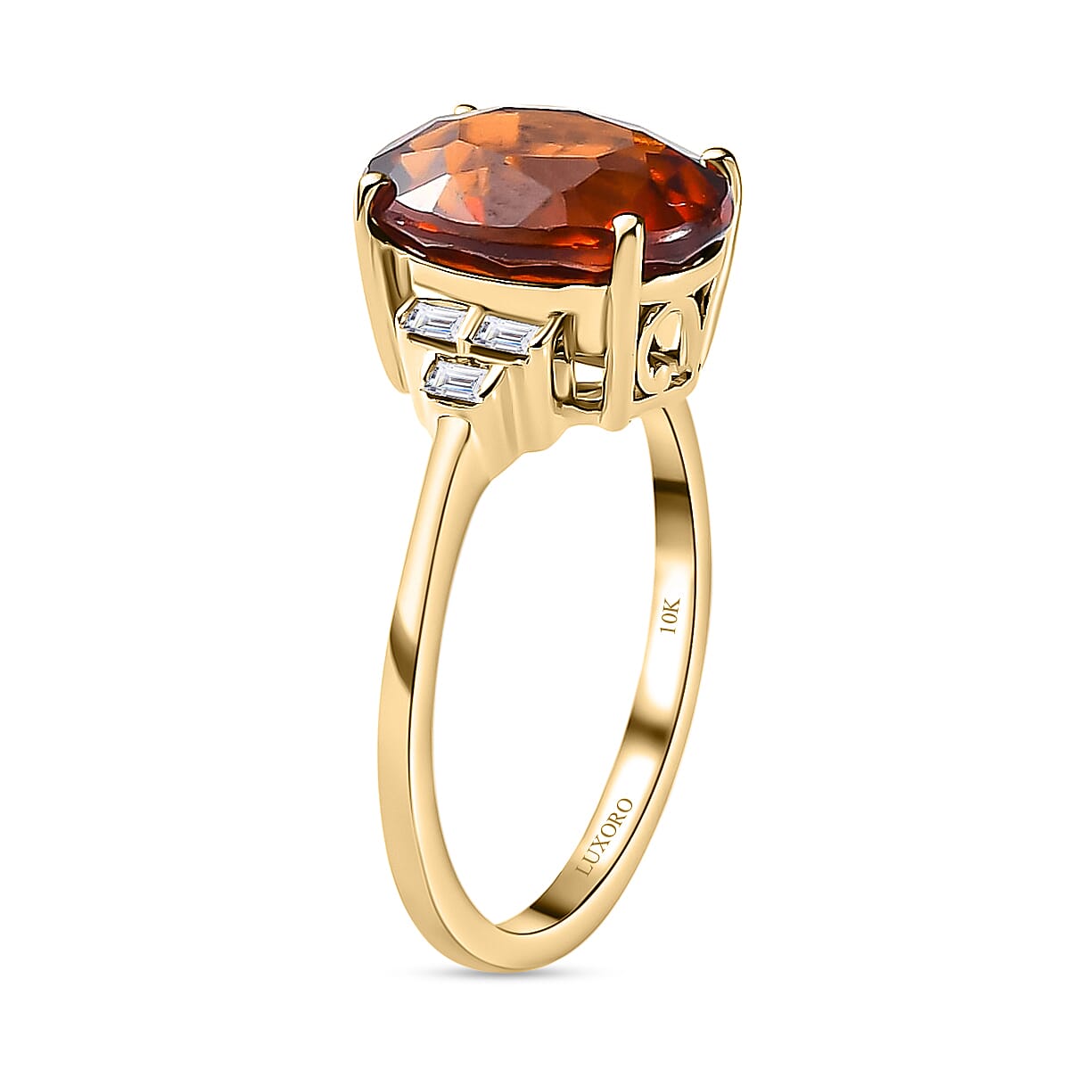 Luxoro 10K Yellow Gold Premium Sri Lankan Honey Garnet and Diamond January Birthstone Ring (Size 7.0) 4.60 ctw image number 3