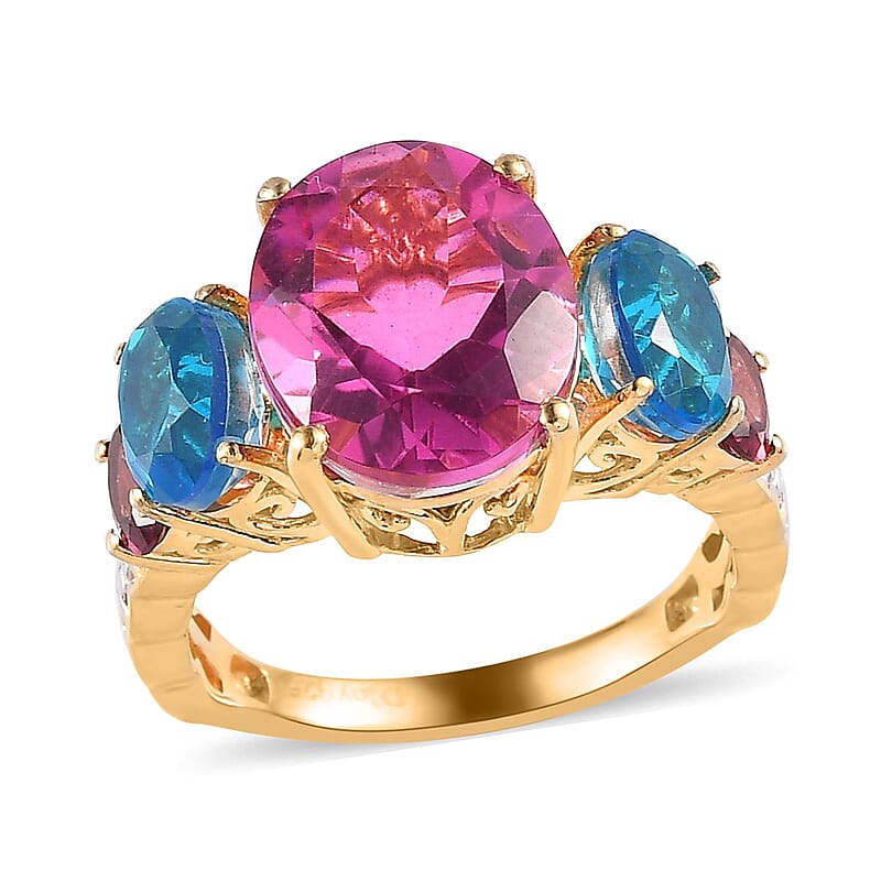 Radiant Orchid Quartz (Triplet) and Multi Gemstone Ring in Vermeil Yelllow Gold and Platinum Over Sterling Silver (Size 10.0) 7.25 ctw