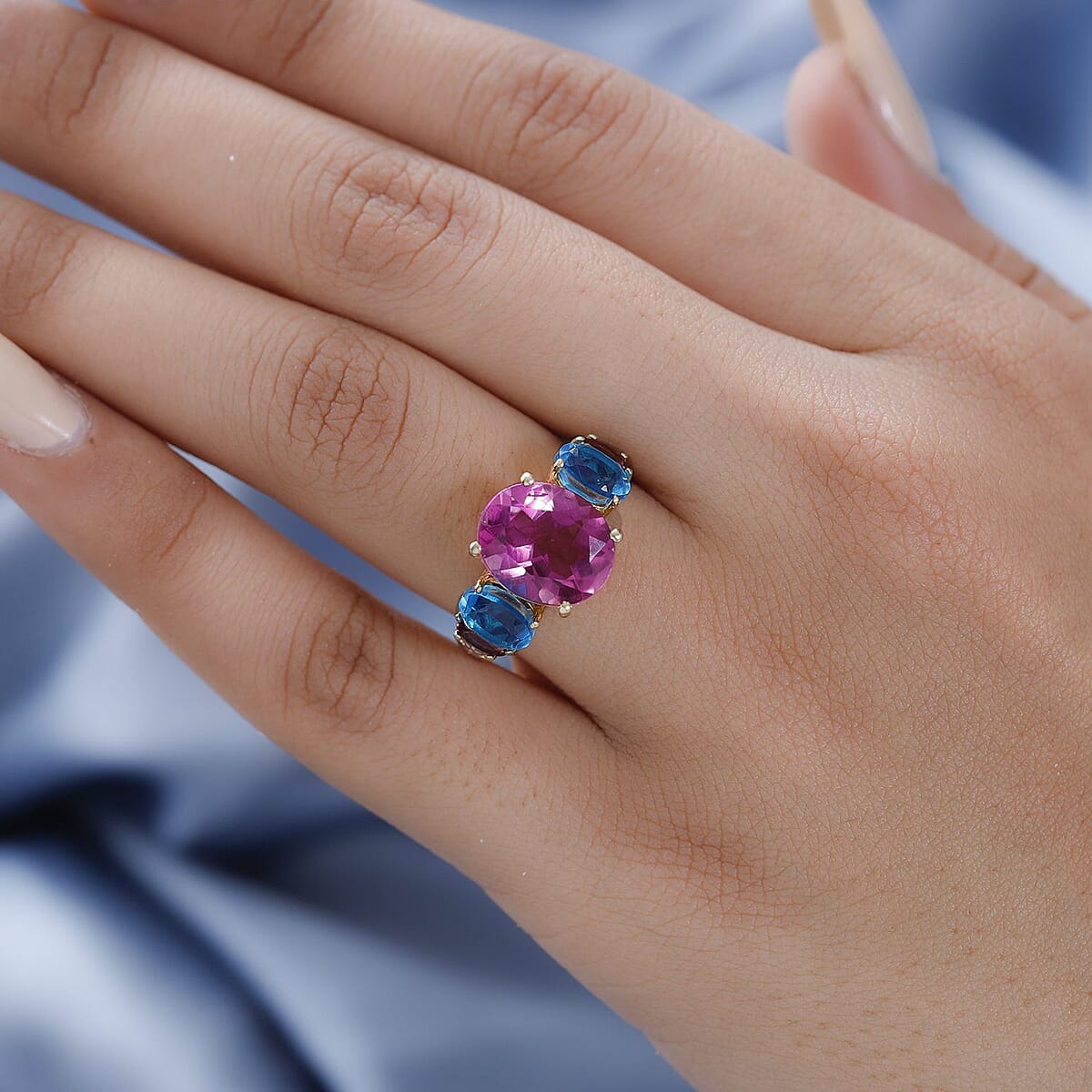 Radiant Orchid Quartz and Multi Gemstone Ring in Vermeil Yelllow Gold and Platinum Over Sterling Silver (Size 10.0) 7.25 ctw (Delivered in 3-5 Business Days) image number 2