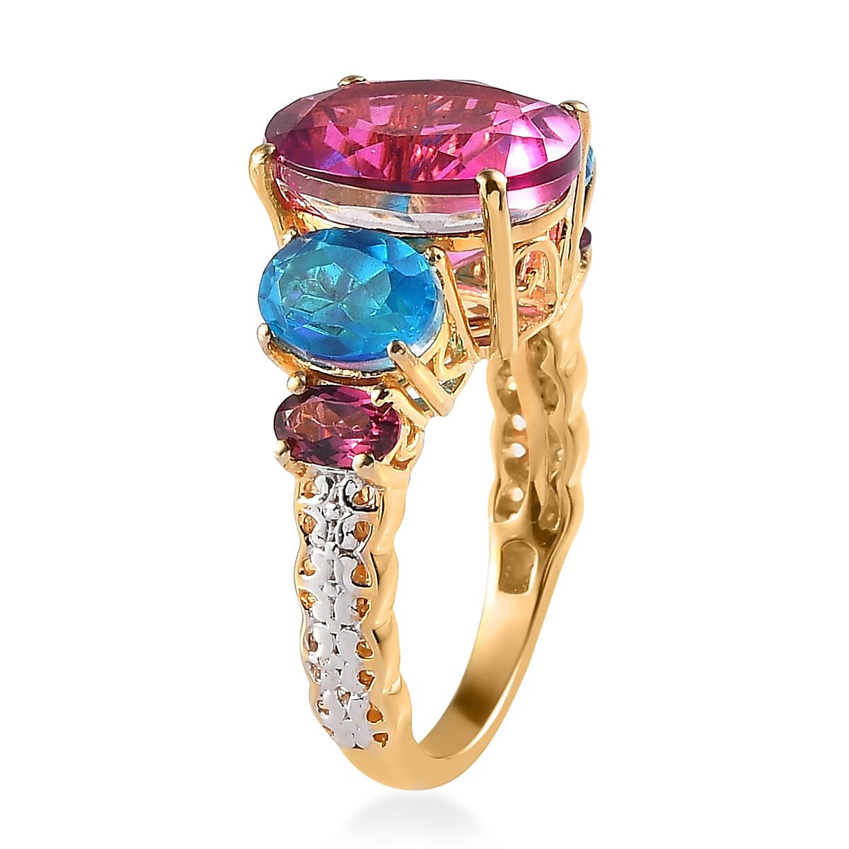 Radiant Orchid Quartz and Multi Gemstone Ring in Vermeil Yelllow Gold and Platinum Over Sterling Silver (Size 10.0) 7.25 ctw (Delivered in 3-5 Business Days) image number 3