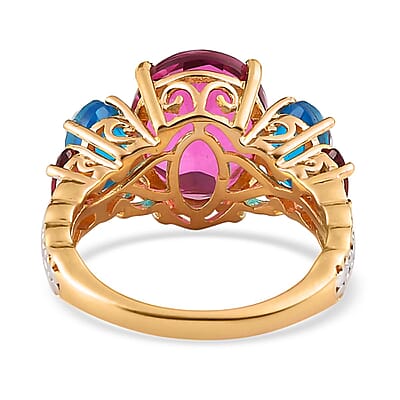 Radiant Orchid Quartz (Triplet) and Multi Gemstone Ring in Vermeil Yelllow Gold and Platinum Over Sterling Silver (Size 10.0) 7.25 ctw