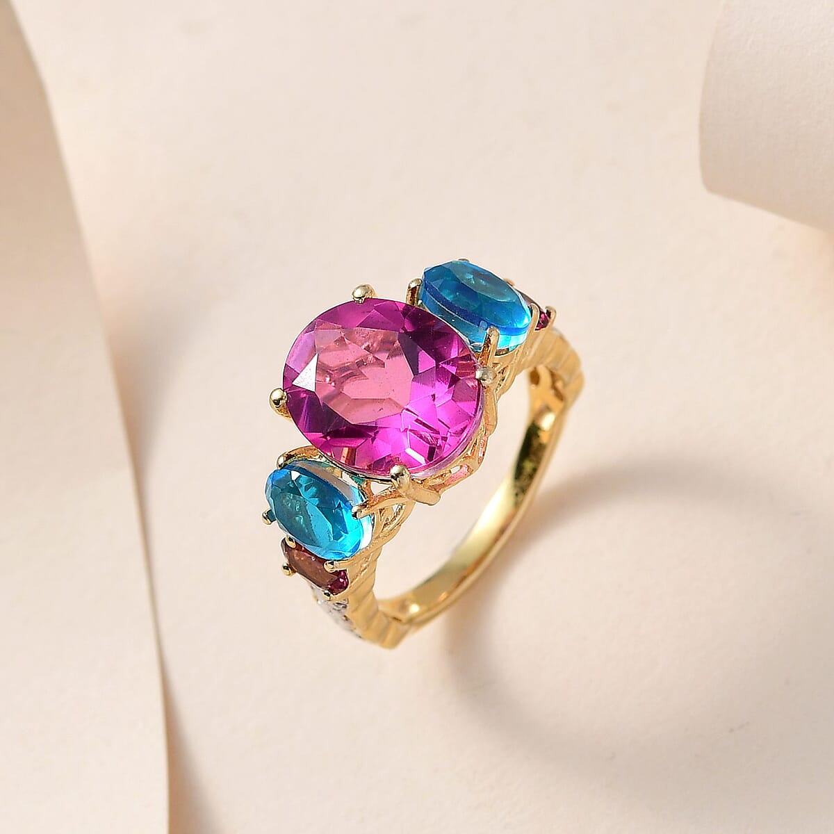 Radiant Orchid Quartz (Triplet) and Multi Gemstone Ring in Vermeil Yelllow Gold and Platinum Over Sterling Silver (Size 9.0) 7.25 ctw image number 1