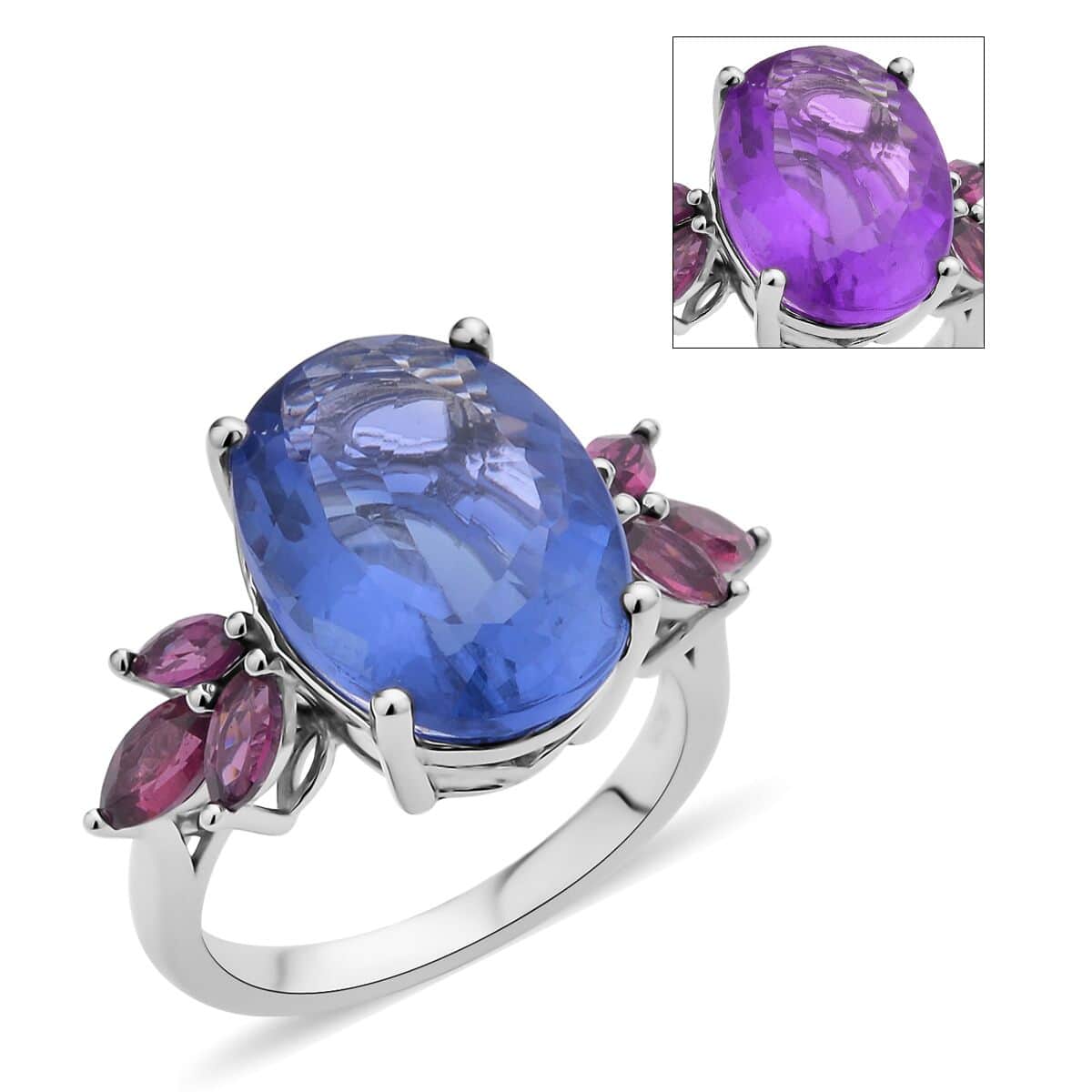 Color Change Fluorite and Orissa Rhodolite Garnet Ring in Rhodium Over Sterling Silver (Size 6.0) 12.25 ctw image number 0