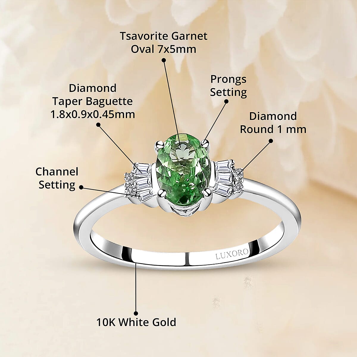 Luxoro 10K White Gold Premium Tsavorite Garnet and Diamond Ring (Size 5.0) 0.85 ctw image number 4