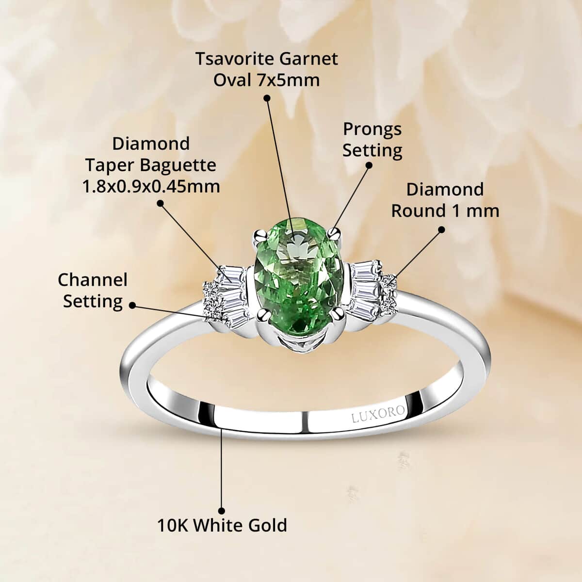 Luxoro 10K White Gold Premium Tsavorite Garnet and Diamond Ring (Size 6.0) 0.85 ctw image number 4