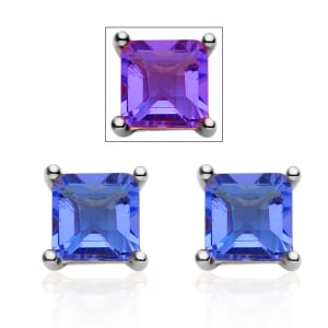 Asscher Cut Color Change Fluorite Solitaire Stud Earrings in Platinum Over Sterling Silver 2.75 ctw