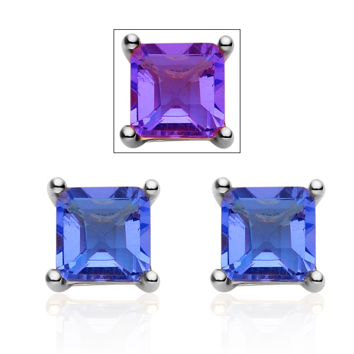 Asscher Cut Color Change Fluorite Solitaire Stud Earrings in Platinum Over Sterling Silver 2.70 ctw image number 0