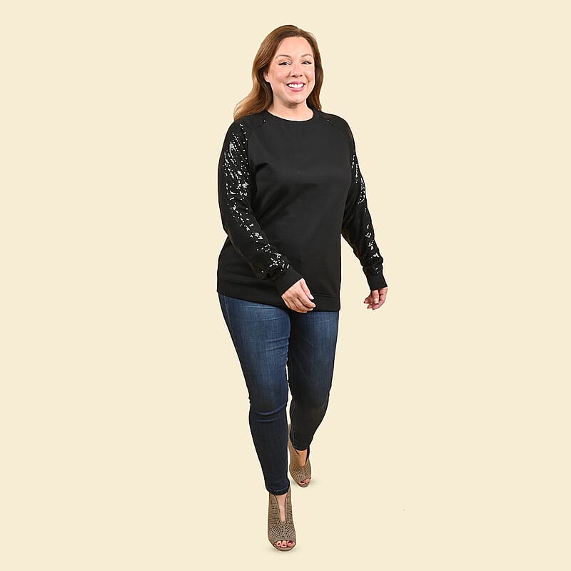 Tamsy Black 100% Cotton Knitted Fleece Sweat Shirt with Sequin Sleeves Size - L