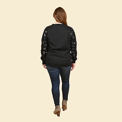 Tamsy Black 100% Cotton Knitted Fleece Sweat Shirt with Sequin Sleeves Size - L