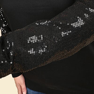 Tamsy Black 100% Cotton Knitted Fleece Sweat Shirt with Sequin Sleeves Size - L
