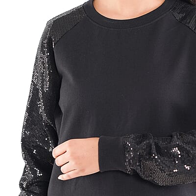 Tamsy Black 100% Cotton Knitted Fleece Sweat Shirt with Sequin Sleeves Size - L